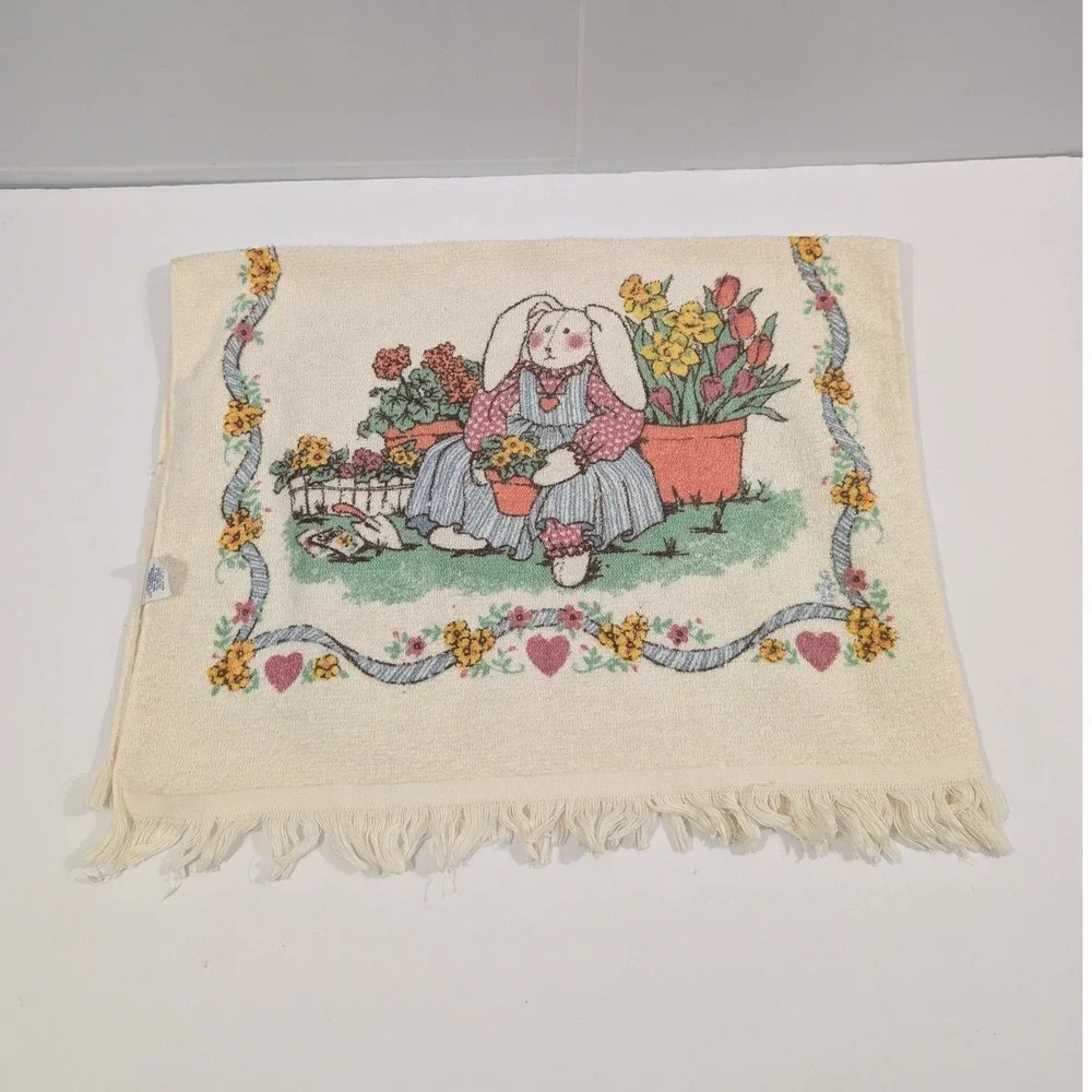Vintage Easter Bunny Garden Hand Towel Fringe Cream Cottagecore USA Made